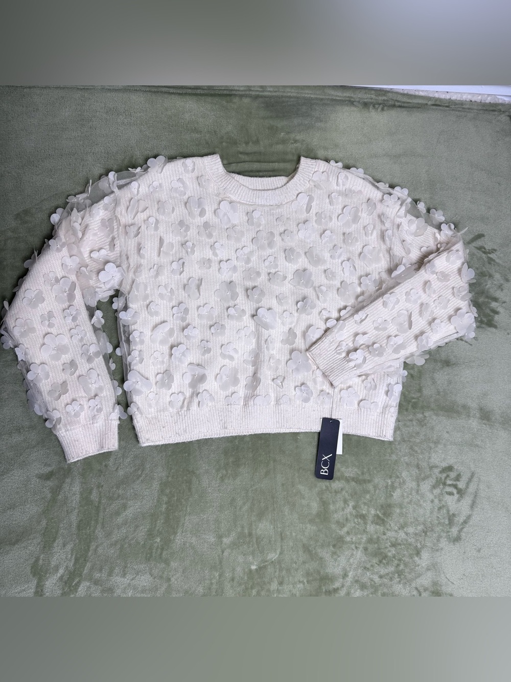 BCX Cream Crewneck Sweater with 3D Floral Appliqués